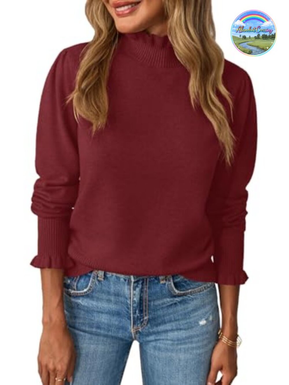 Saodimallsu Mock Neck Ruffle Puff Sleeve Knit Pullover Sweater